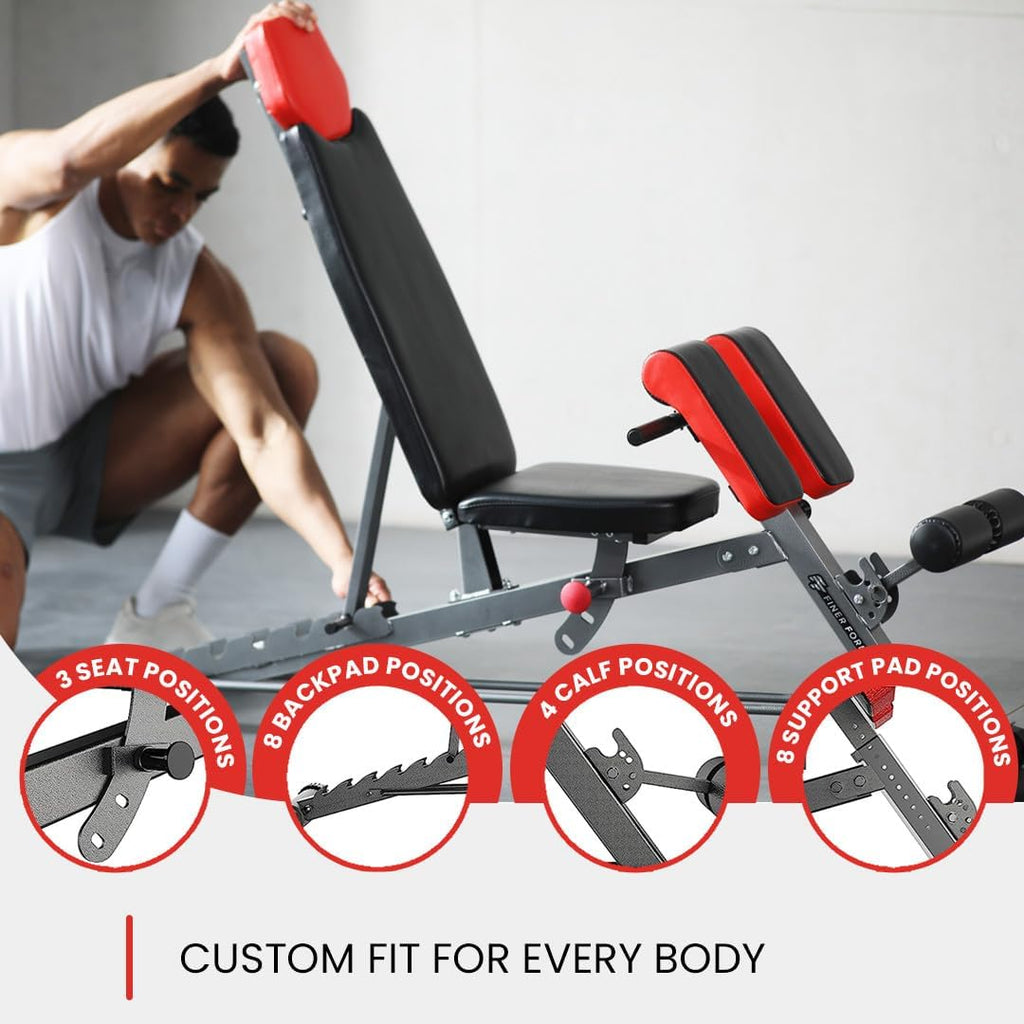 Finer Form Multi-Functional FID Weight Bench for Full All-In-One Body Workout – Hyper Back Extension, Roman Chair, Adjustable Ab Sit up Bench, Incline Decline Bench, Flat Bench